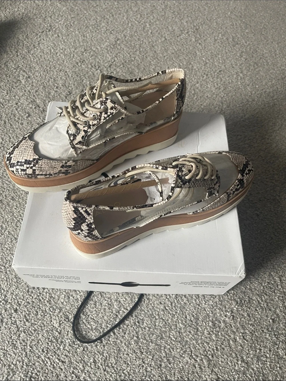 Aldo Beige Snake-Print Platform Oxfords with Clear Panels